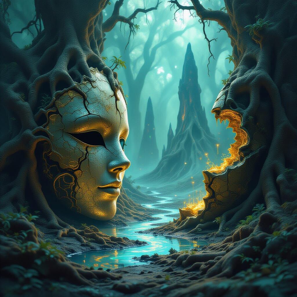 Fractured Mask Reveals Bioluminescent Spores, Surreal Digita...