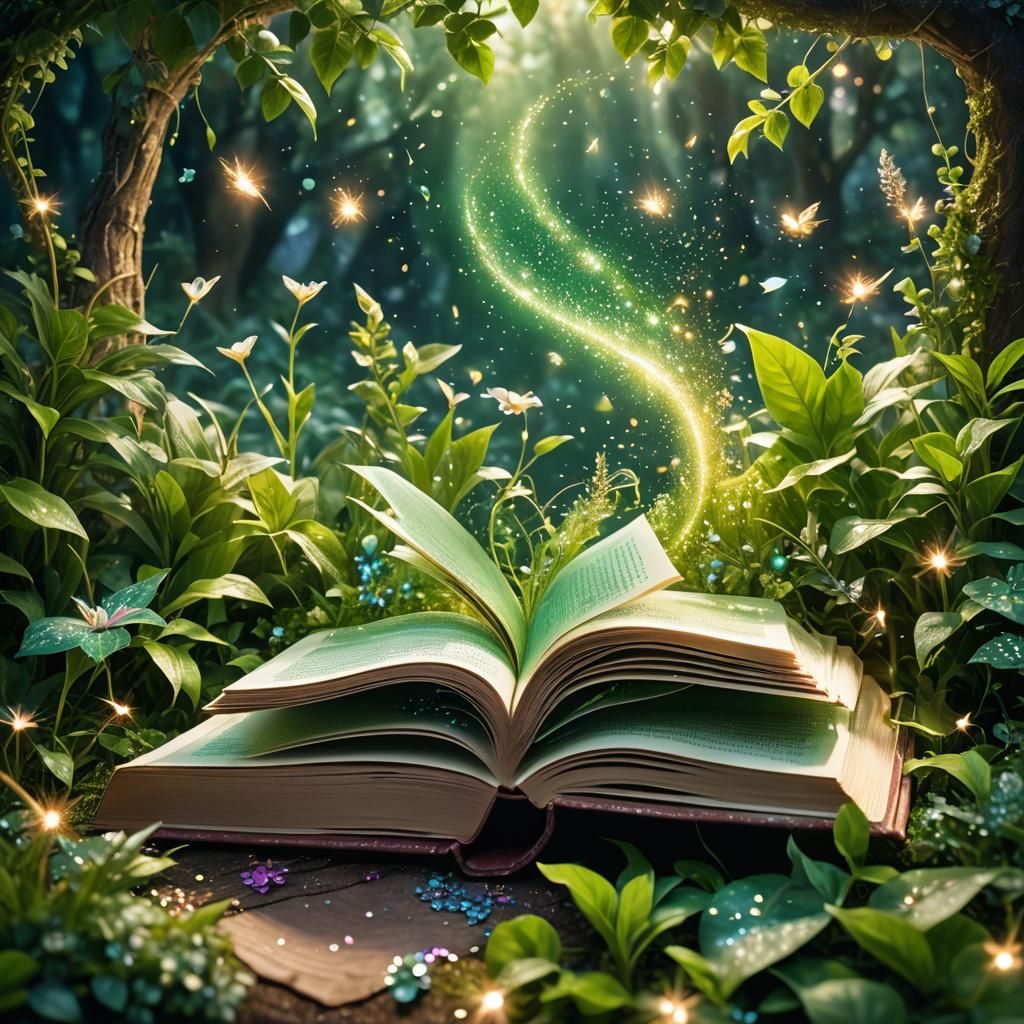 Enchanted Book with Lush Plants, Fantasy Illustration