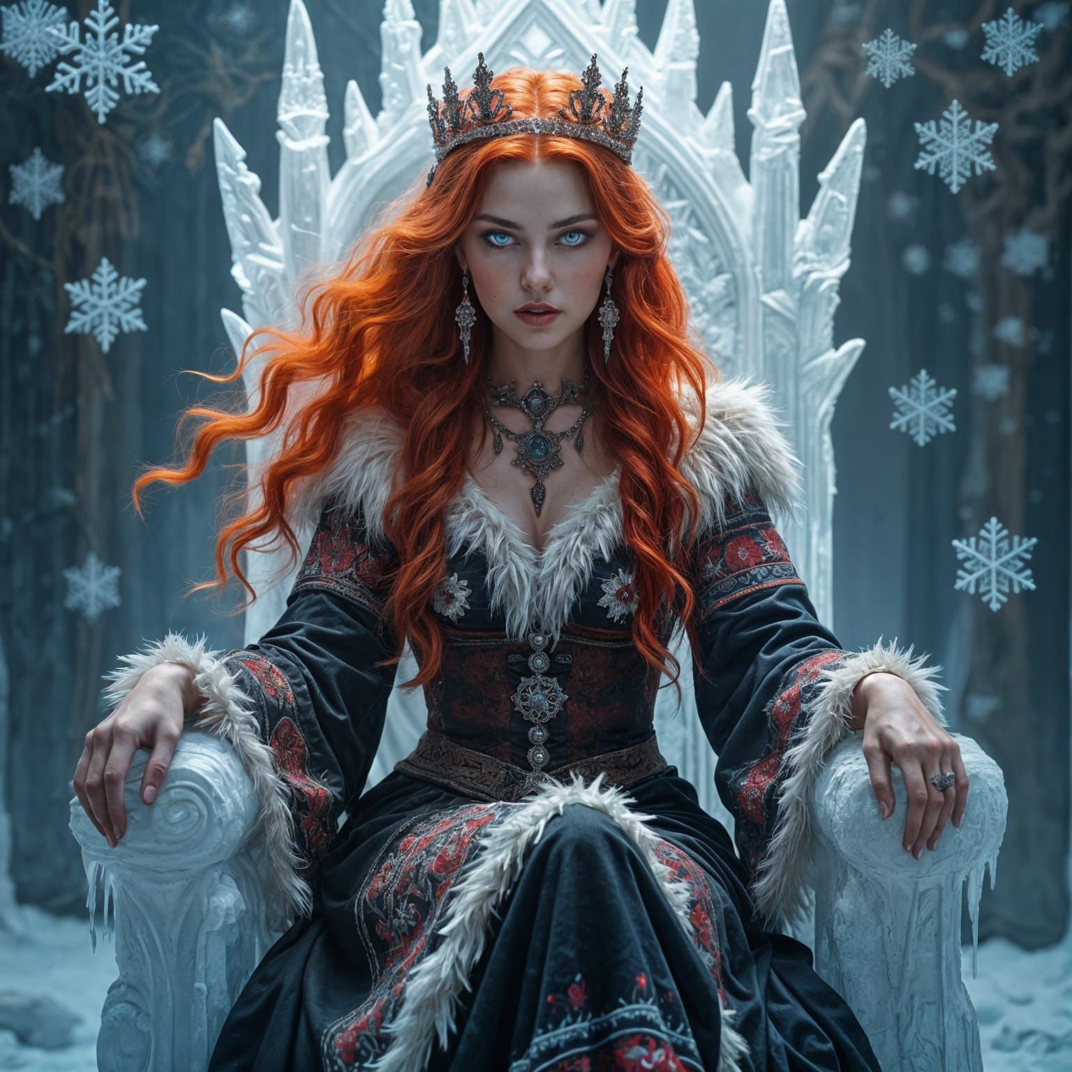 Snow Queen with Fiery Hair on Ice Throne