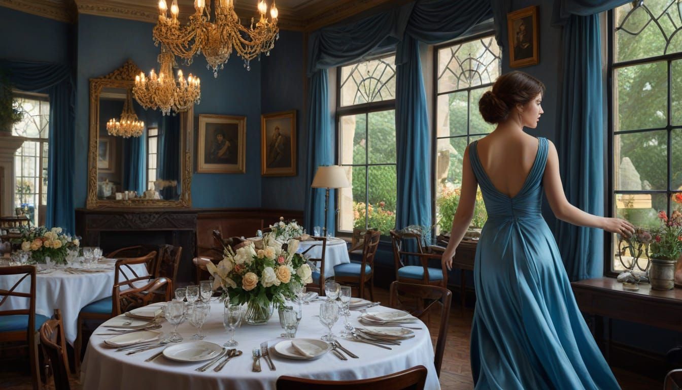 Elegant Woman in Blue Dress in Art Nouveau Restaurant