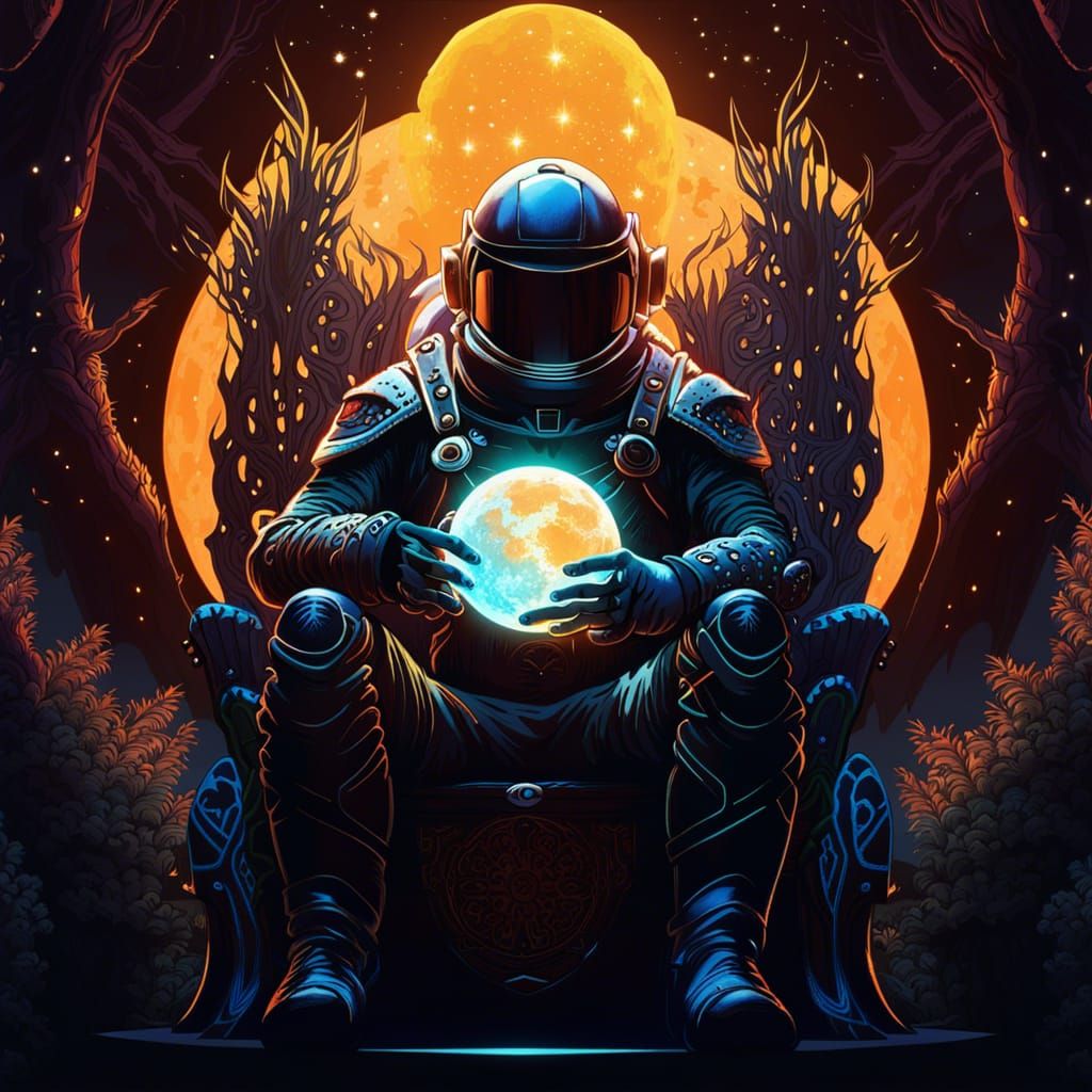 Astronaut on Throne in Gothic Fantasy Forest