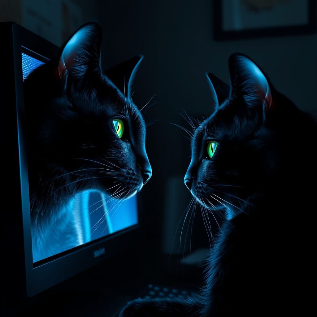 Black Cat Gazes at Digital Cat on Computer Screen