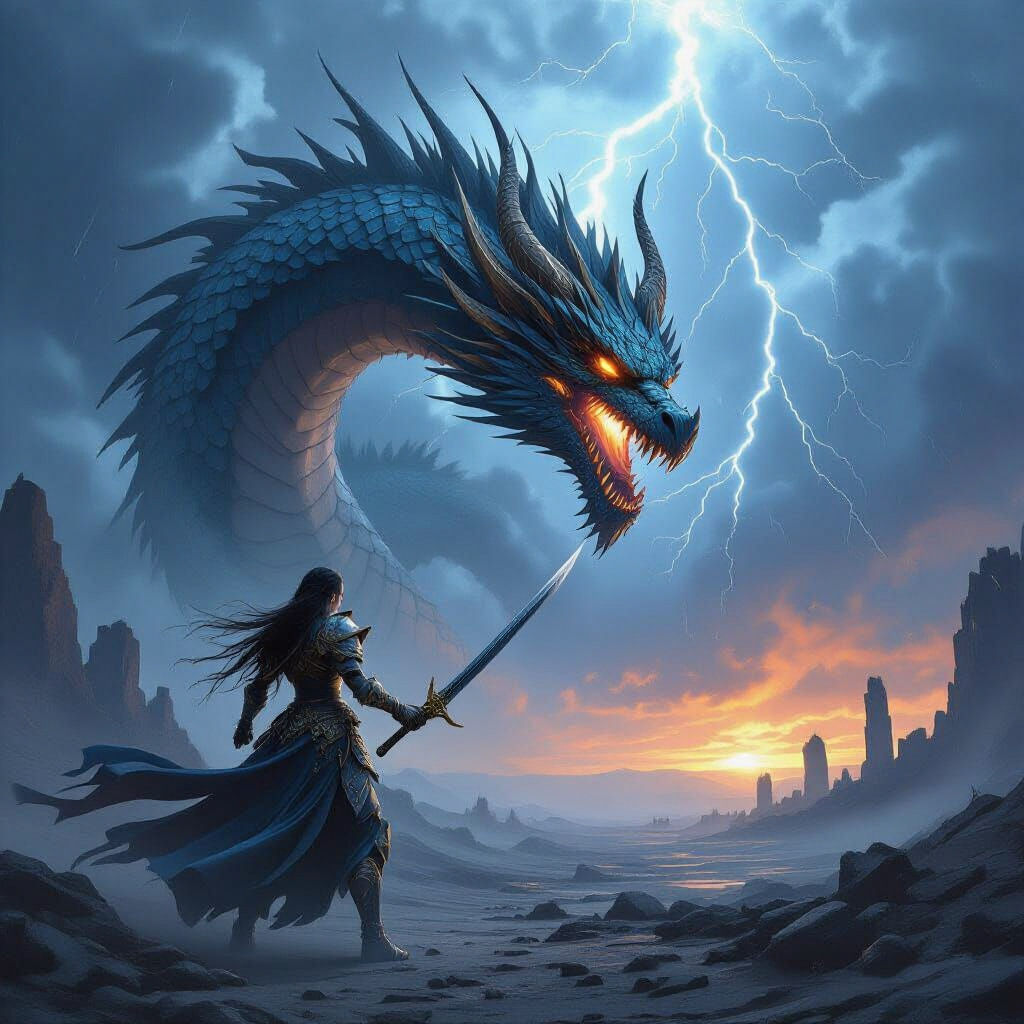 Anime Warrior Battles Dragon in Hyperrealistic Wasteland