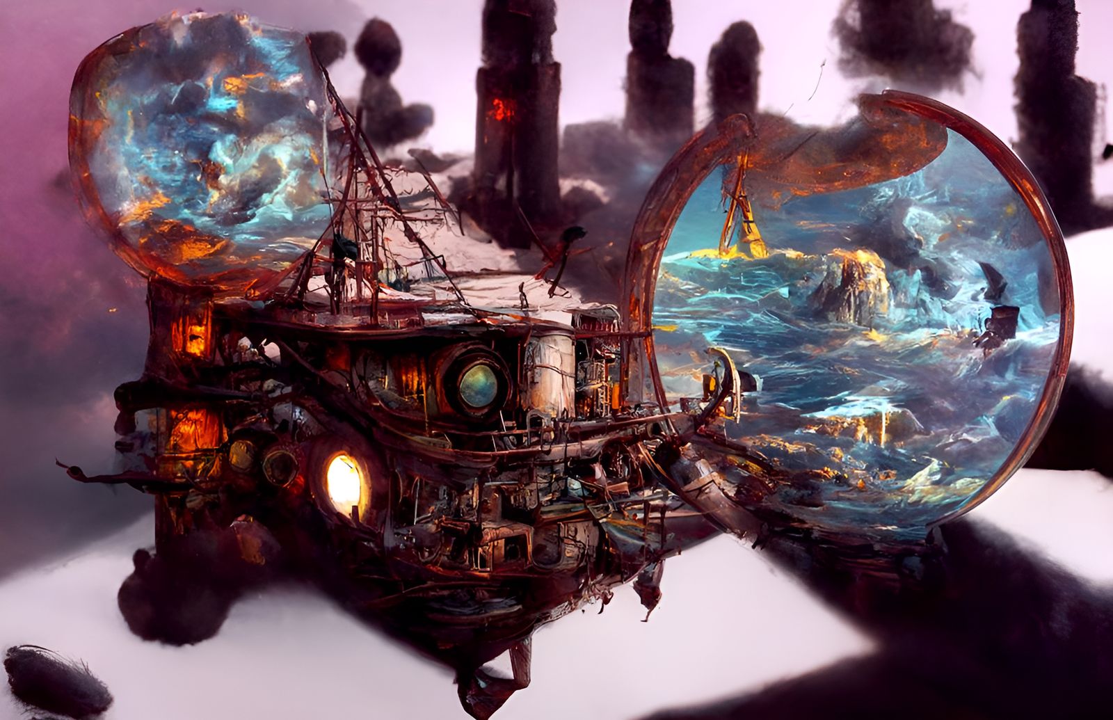 Dieselpunk Pirates Repair Ship in Surreal Landscape