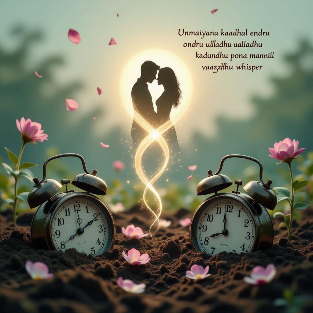 Surreal Scene of Blooming Clocks and Lingering Love