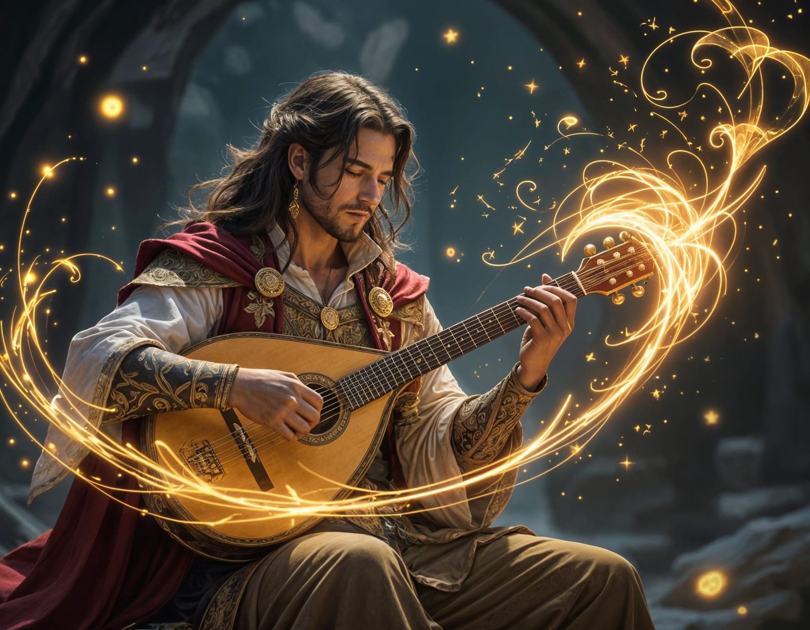 Flamboyant Bard Plays Crystalline Lute Releasing Golden Ligh...