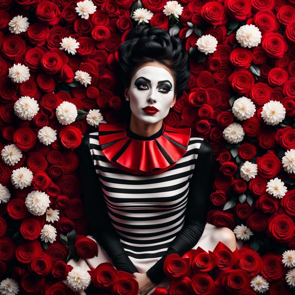 Elegant Mime in Roses: A Top-View Portrait