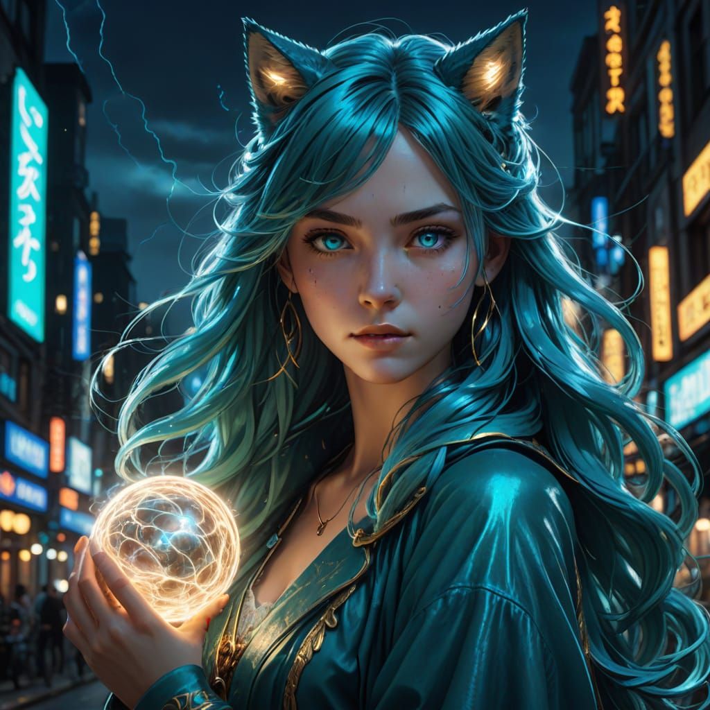 Ethereal City Goddess with Anime-Inspired Features