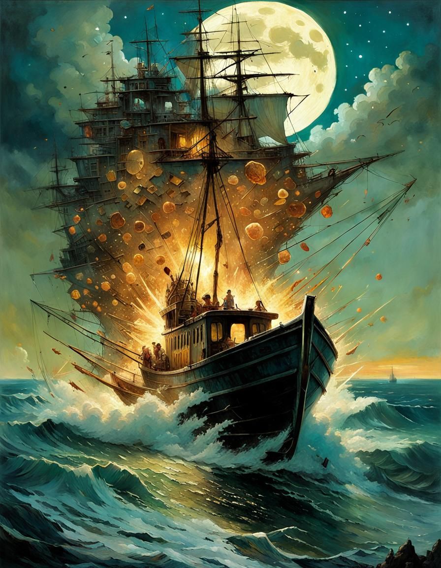 Exploding Moon Over Stormy Sea at Night