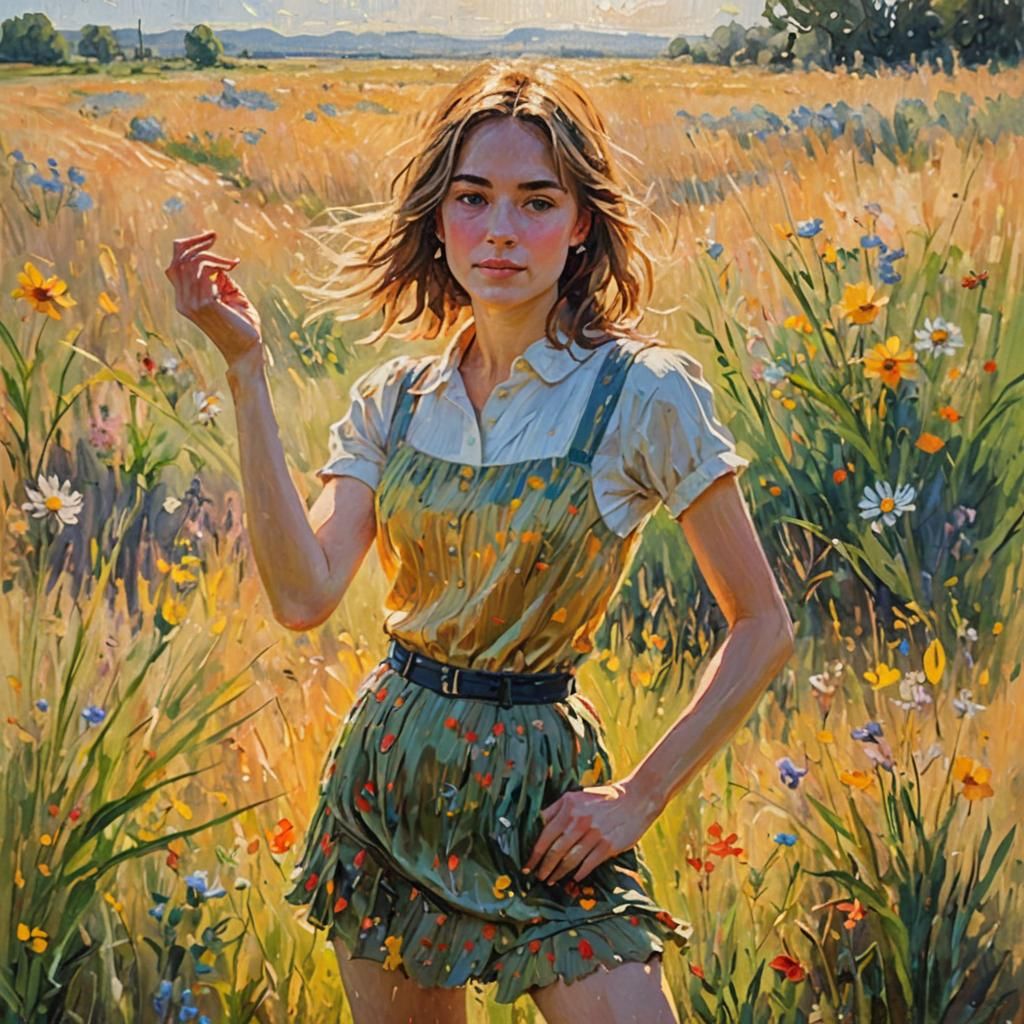 Young Woman in Sunlit Field as Impressionist Oil Painting