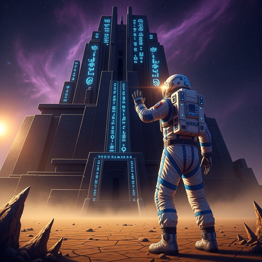 Astronaut Gazes at Colossal Alien Temple Under Nebula
