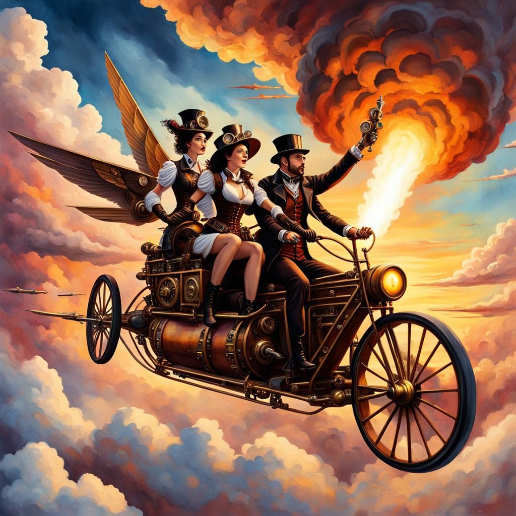 Steampunk Couple Ride Flying Bicycle at Sunset