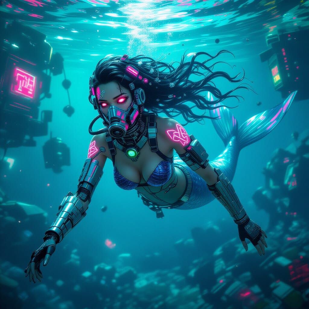 Cyberpunk Mermaid in Polluted Ocean with Neon Debris
