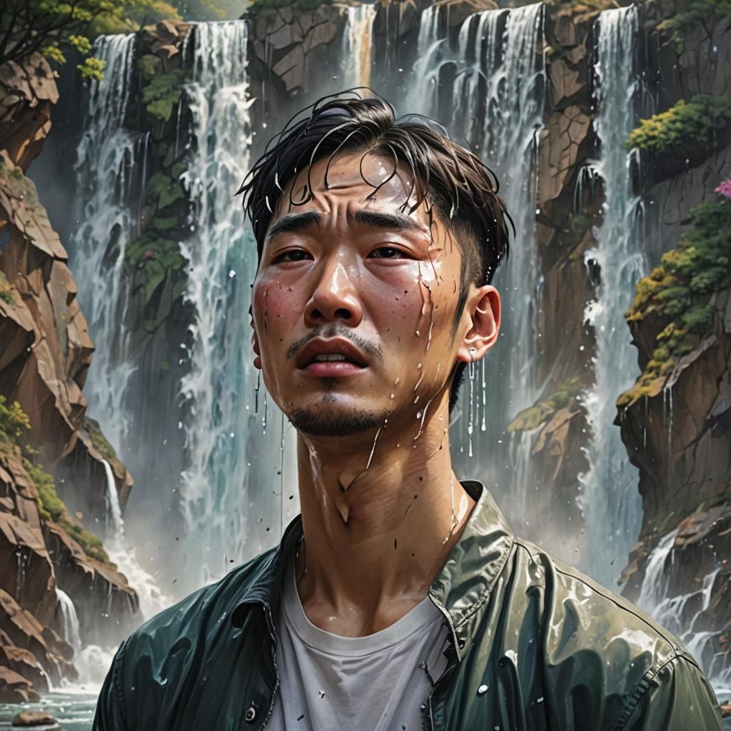 Crying Korean Man with Waterfalls: Hyperrealistic Splash Art