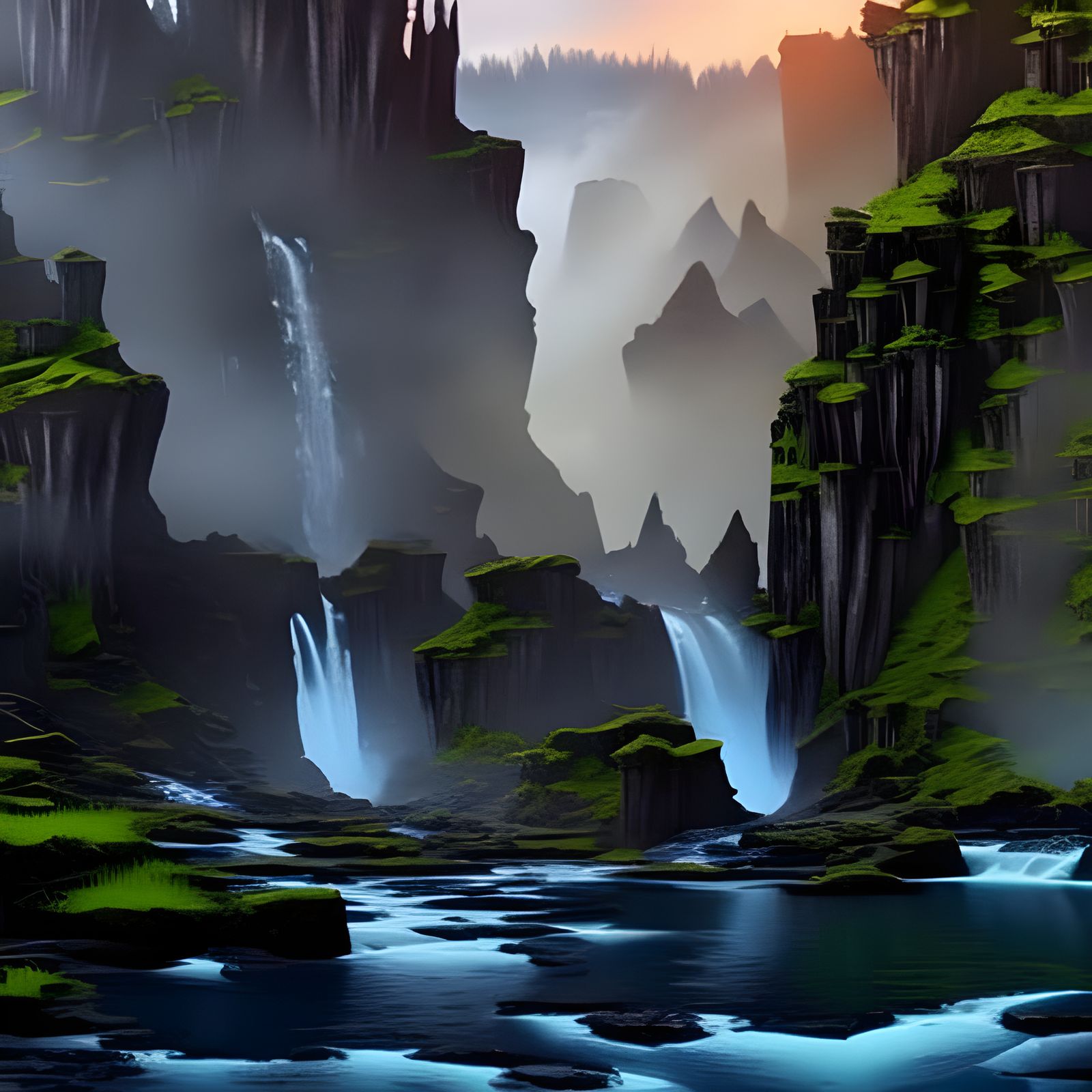 Moonlit Waterfalls in Forest: Fantasy Concept Art