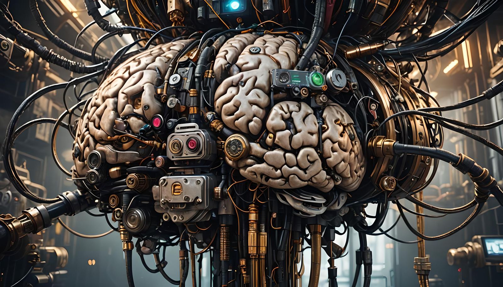 Hyperrealistic Brain Connected to Steampunk Cyberpunk Comput...