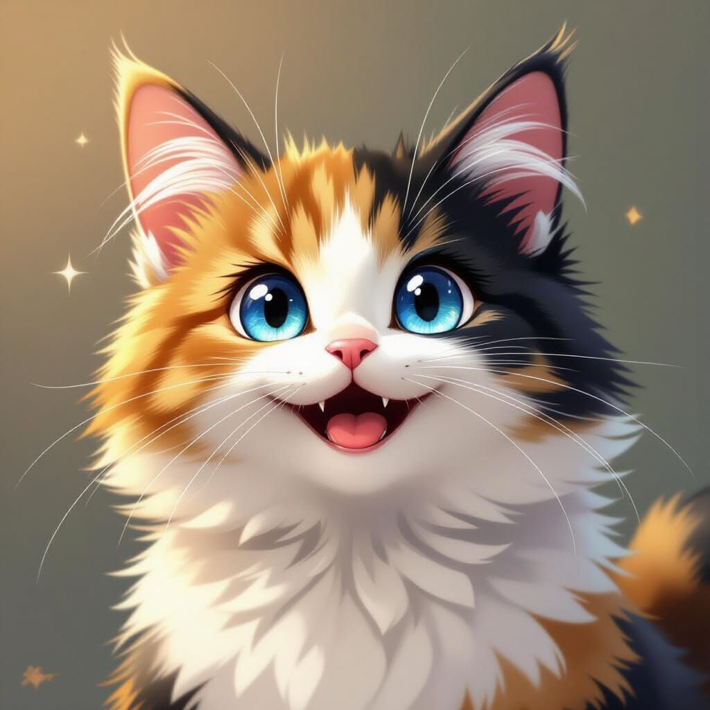 Upside Down Calico Cat Smiling in Studio Ghibli Style