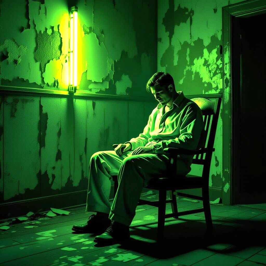 Sinister Man in Straitjacket in Abandoned Room