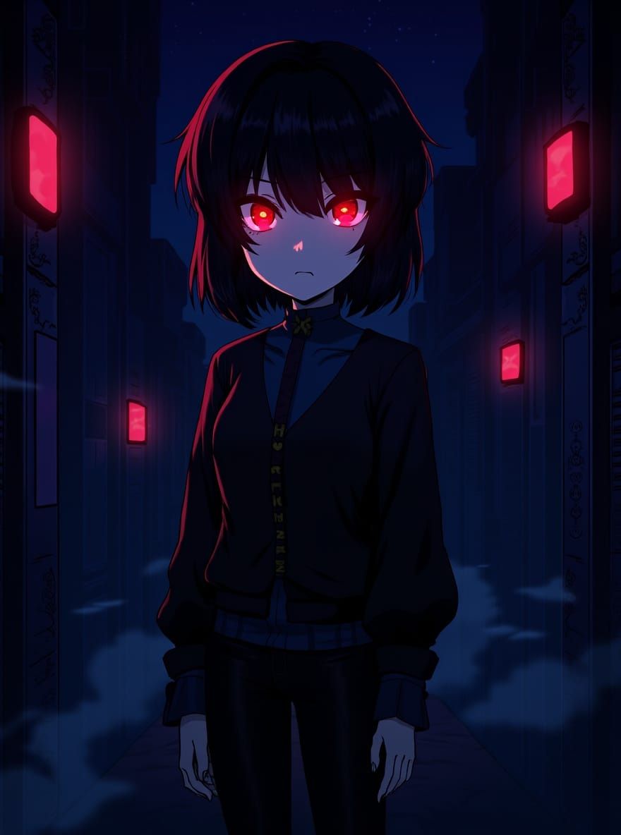 Anime Girl in Neon Alleyway with Piercing Red Eyes