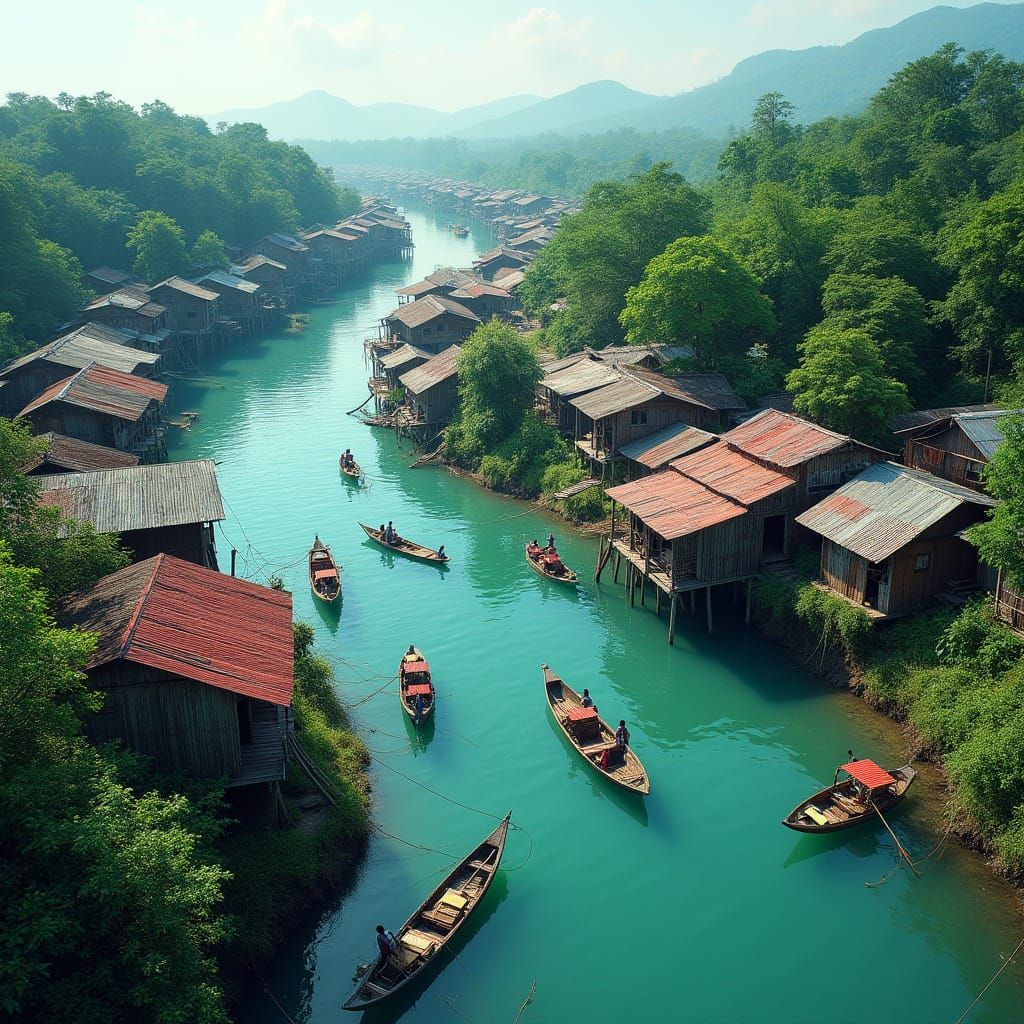 Photorealistic Stilt Village on Winding Turquoise River