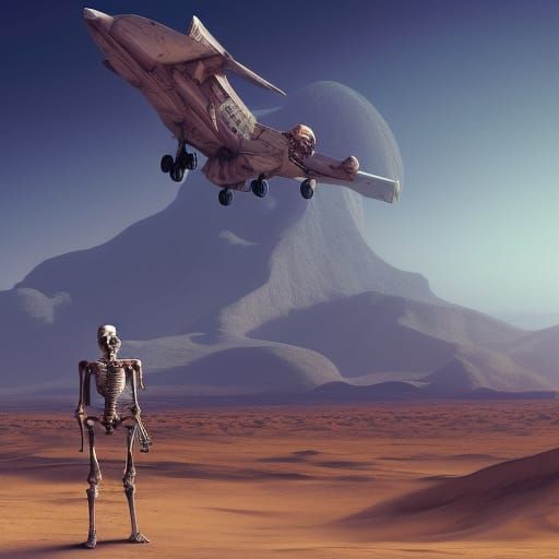Giant Skeleton and Airplane in Desert Landscape