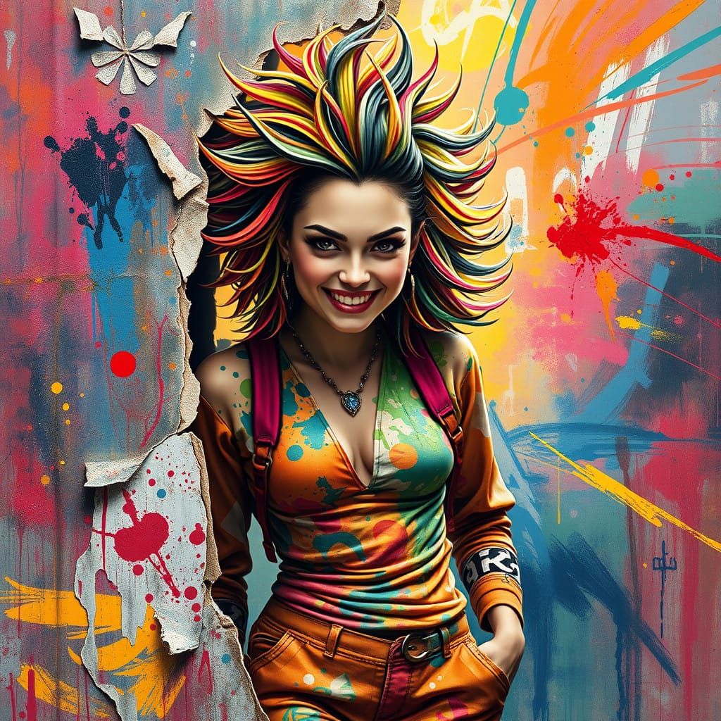Woman Stepping Out of Canvas in Vibrant Graffiti Style