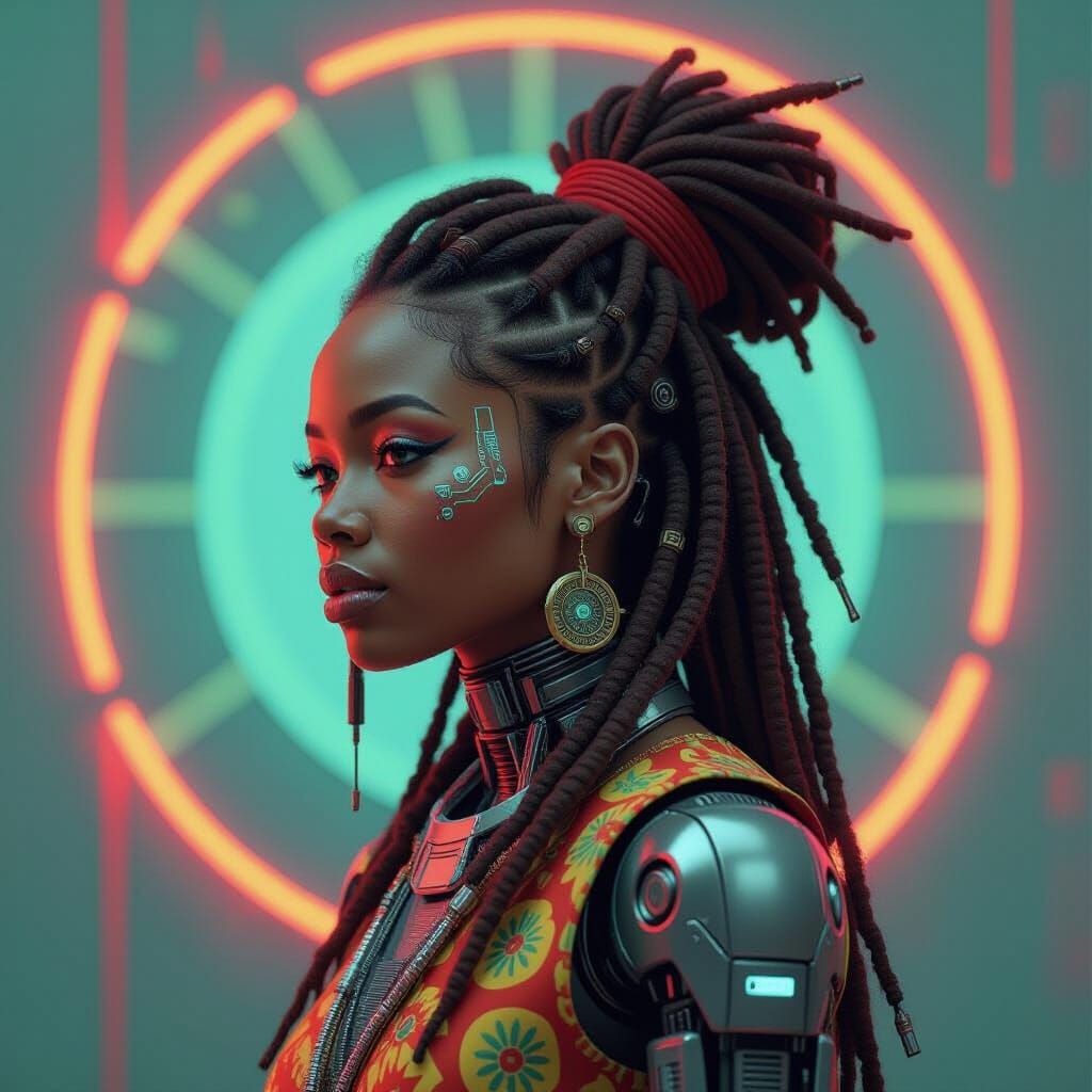 Afrofuturist Woman with Mechanical Arm and Microchip Dreadlo...