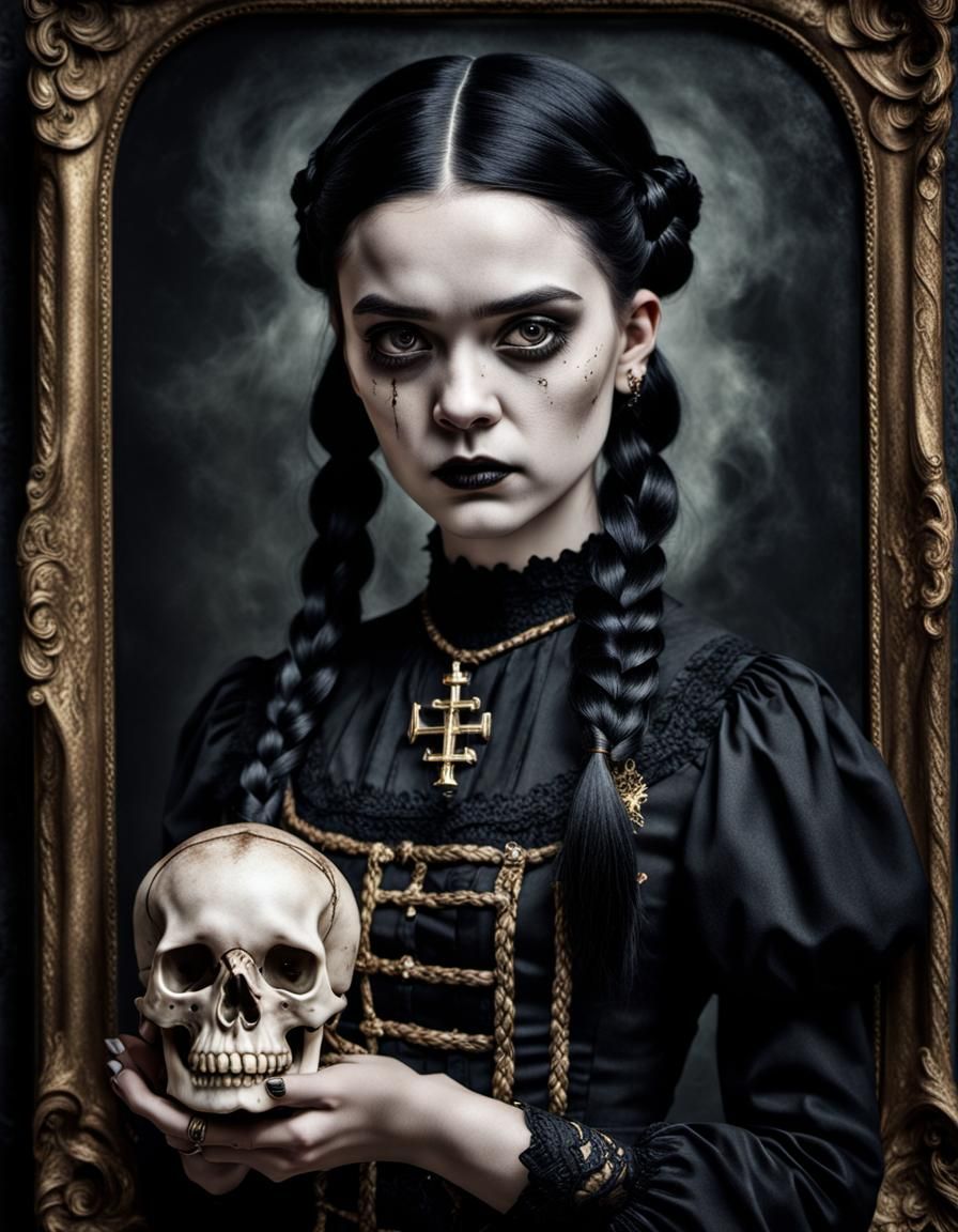Gothic Girl Portrait with Skull in Dark Lighting