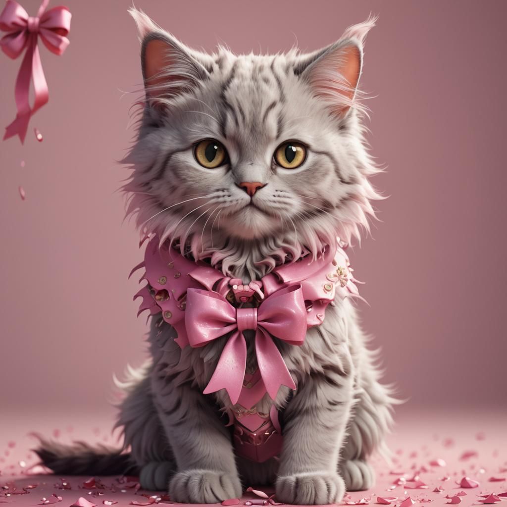Cute Fluffy Kitty with Pink Bow, Digital Art