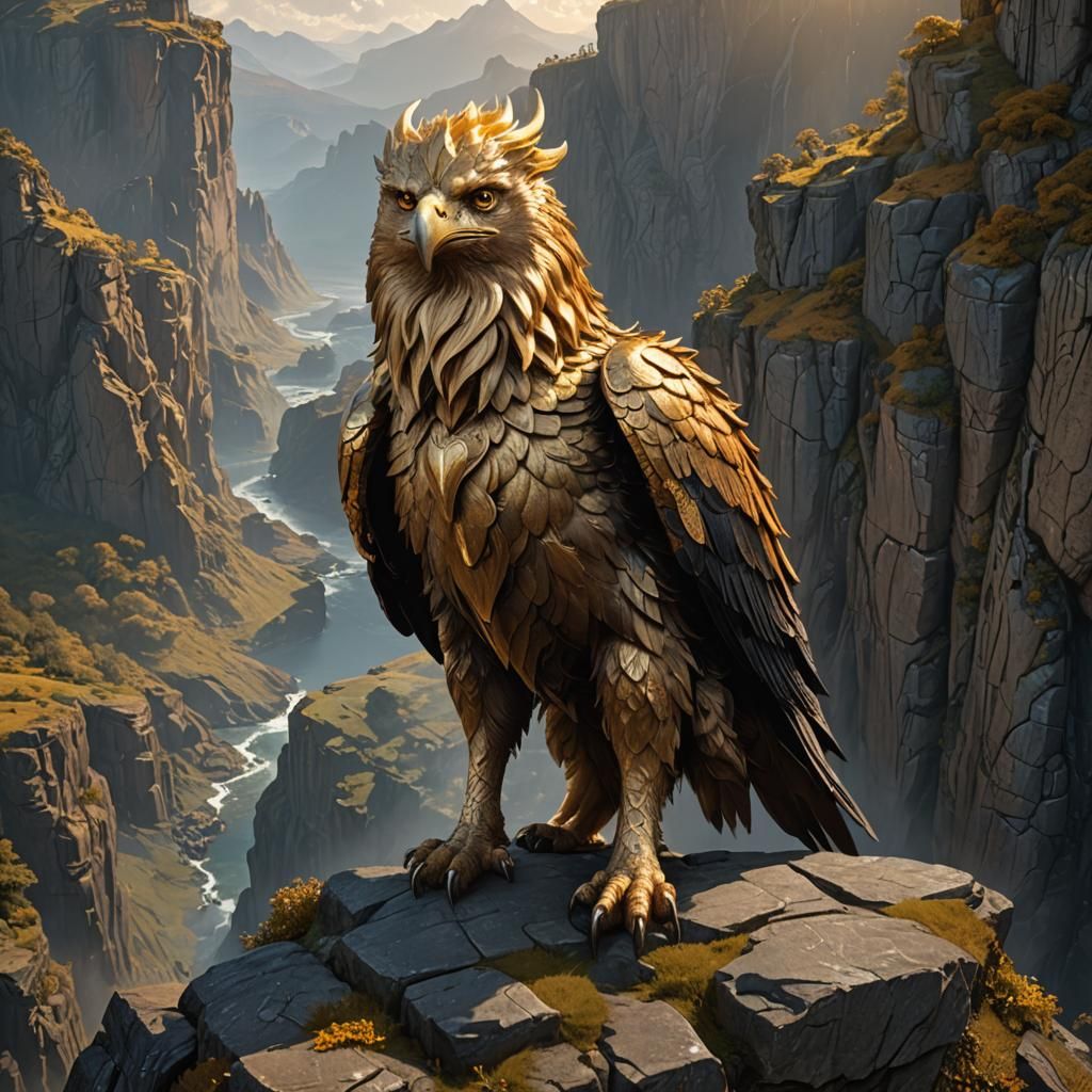 Golden Griffin on a Cliff, Digital Matte Painting
