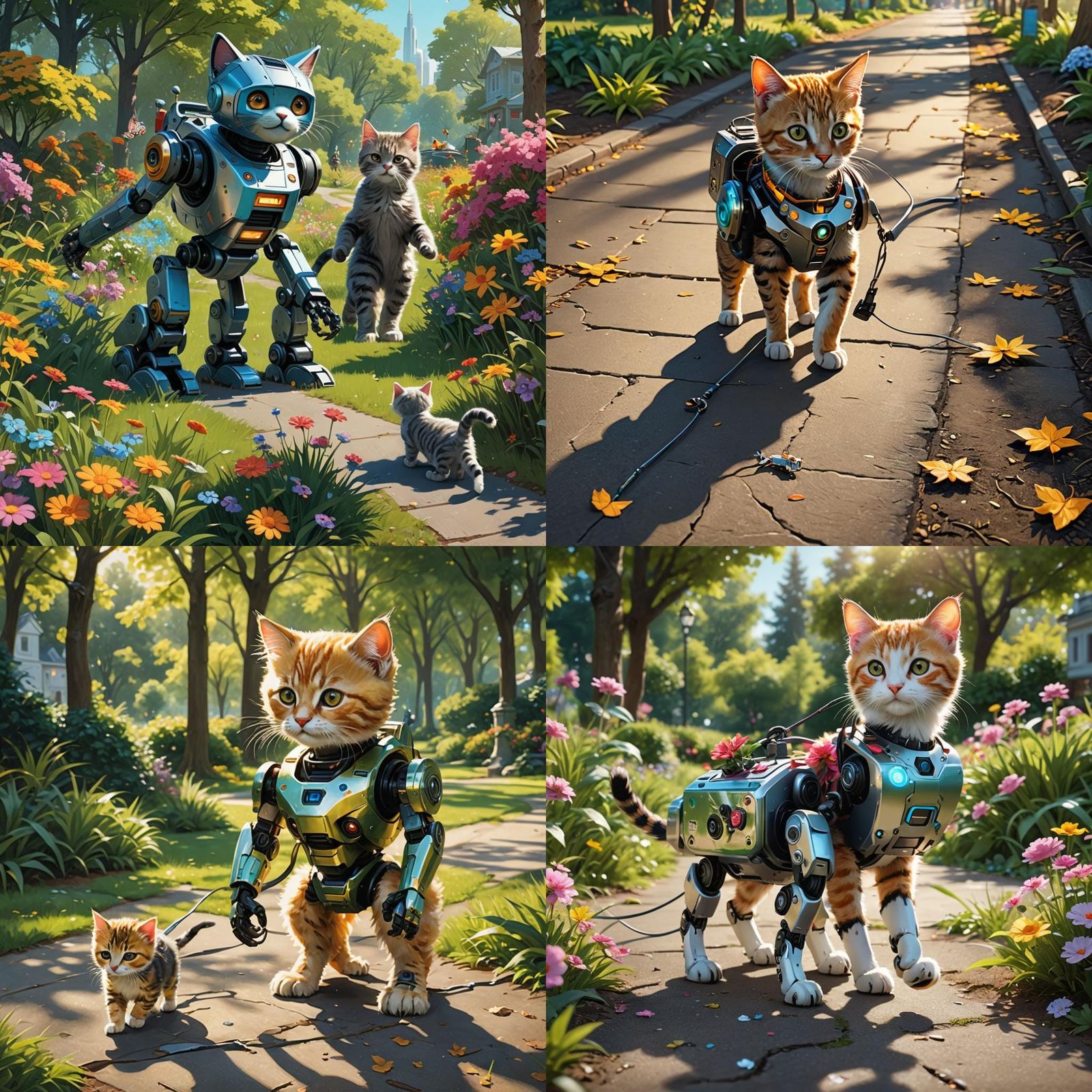 Robot Walks Kitten in Sunny Park: Hyperrealistic Art