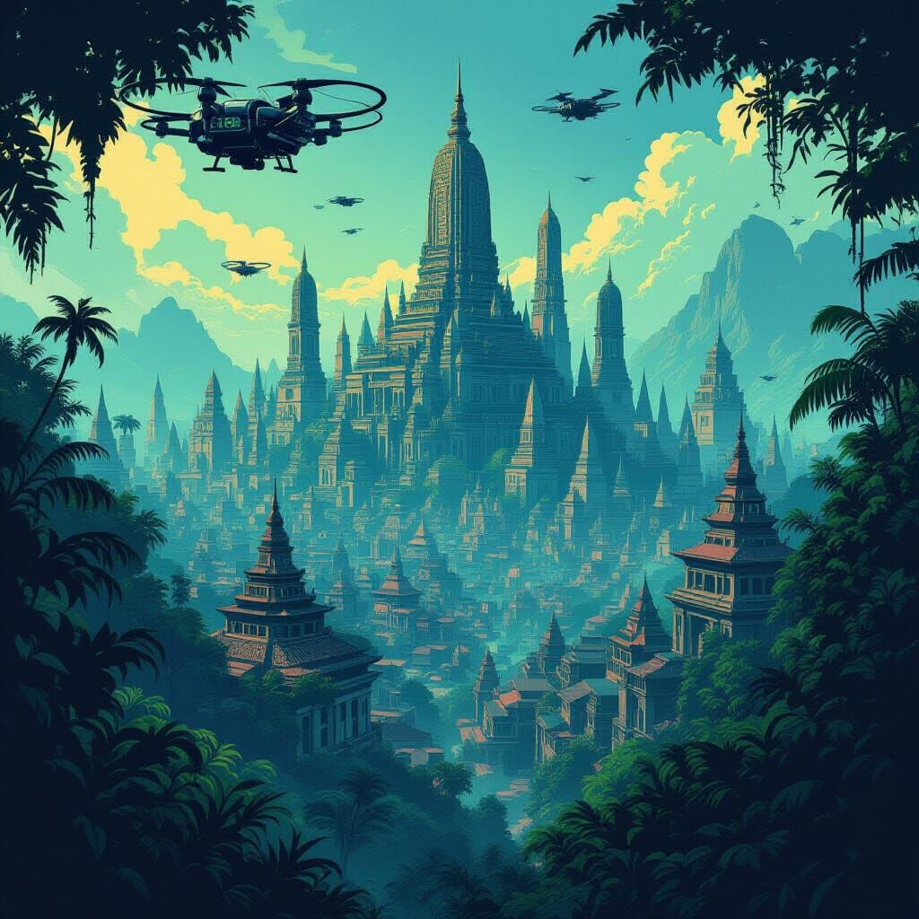 Dystopian Jungle Metropolis in Vector Graphic Style
