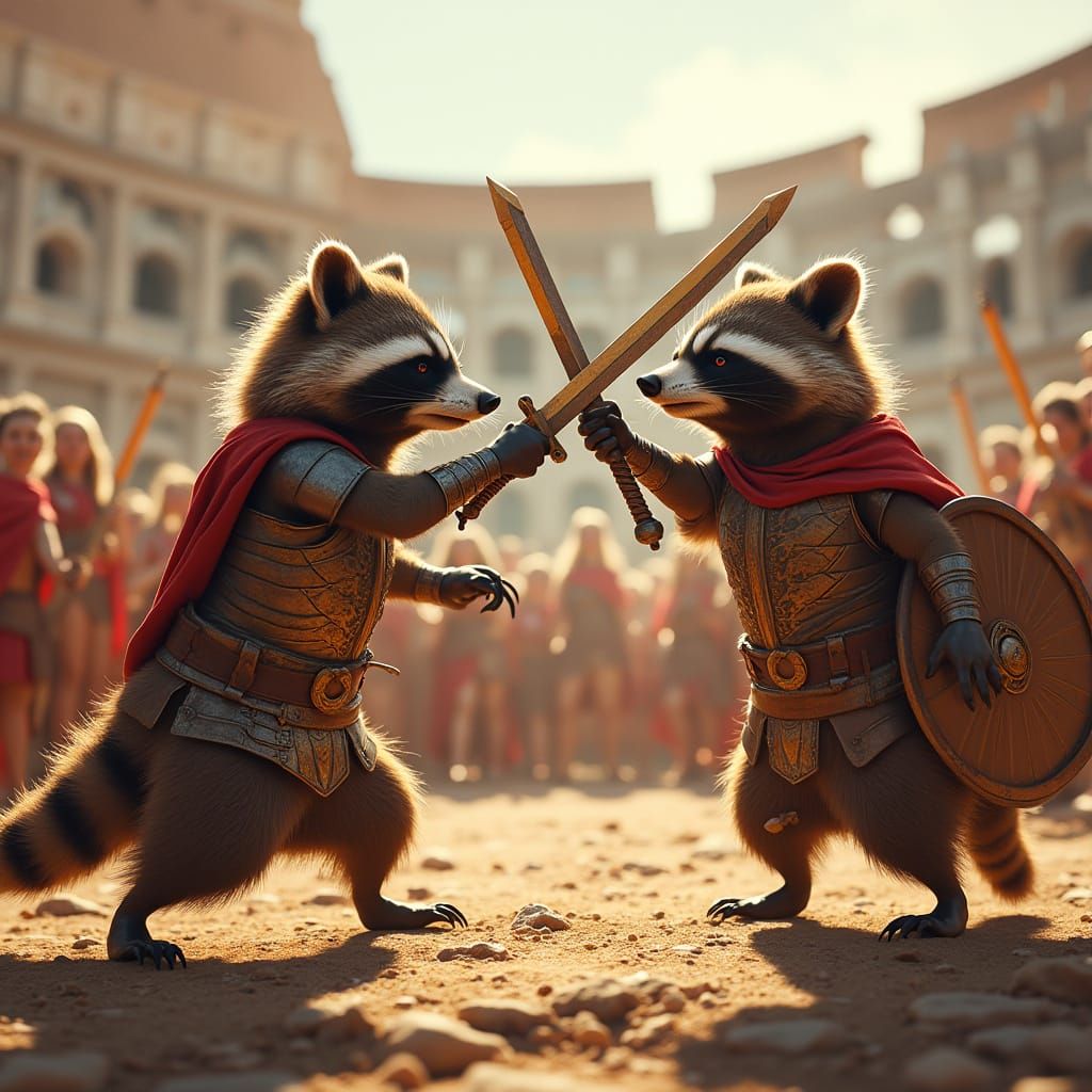 Ancient Raccoon Warriors Clash in the Colosseum