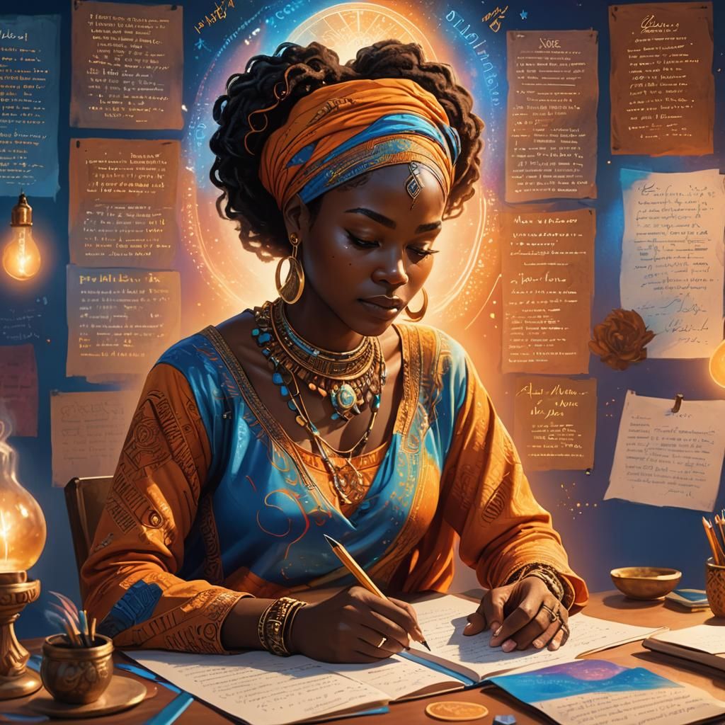 Inspiring Fantasy Art of Woman Writing Affirmations
