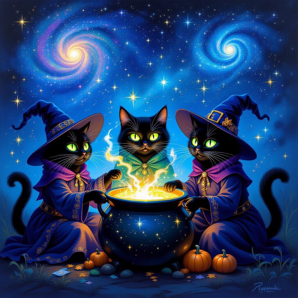 Whimsical Cats Brew Magic Potion in Cosmic Night Sky