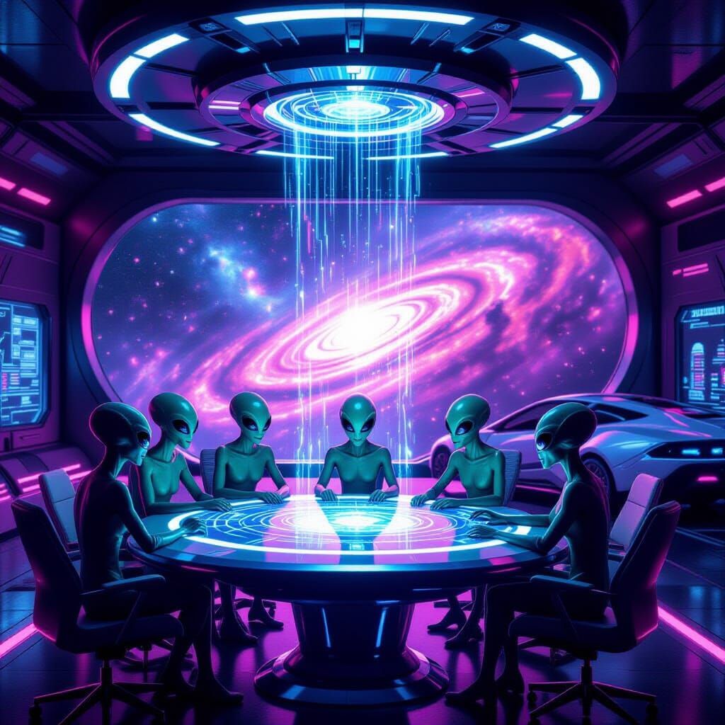 Futuristic UFO Meeting with Galactic Portal and Synthwave Ae...