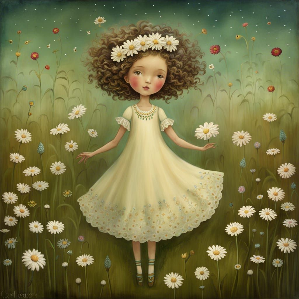 Dancing Girl in Flower Meadow, Storybook Illustration