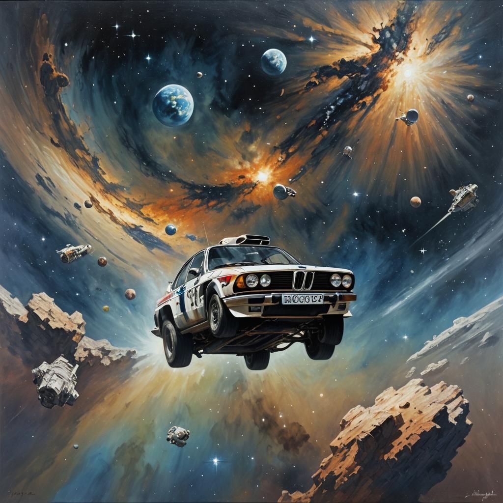 BMW Car in Space: Oil Painting by Gurney