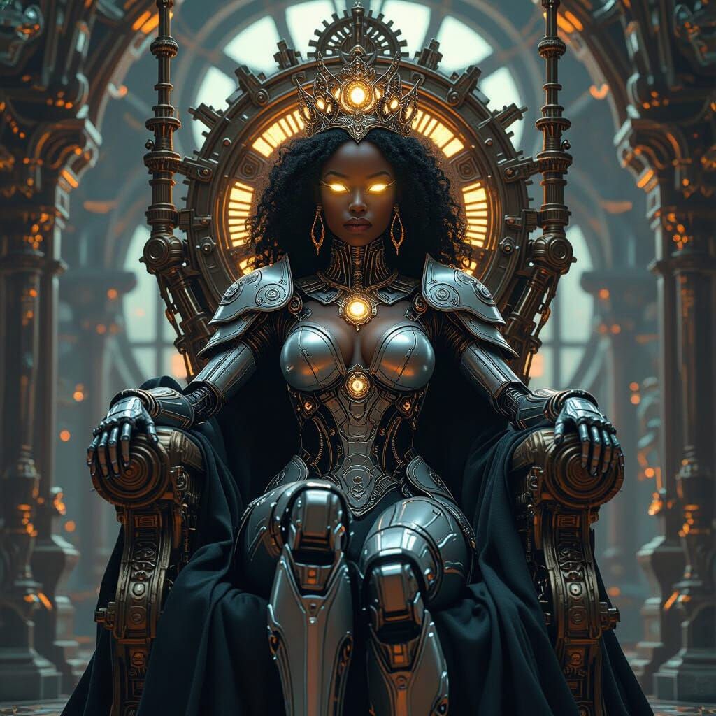 Cyborg Queen on Gear Throne in Art Nouveau Style