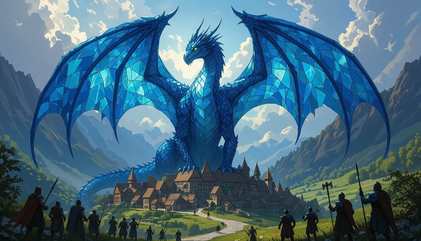 Cerulean Dragon Protecting Village as Stained Glass Mosaic