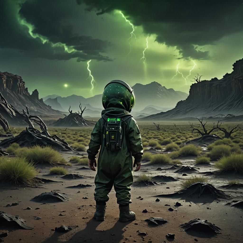 Barren Planet: Lone Baby in Haunted Landscape