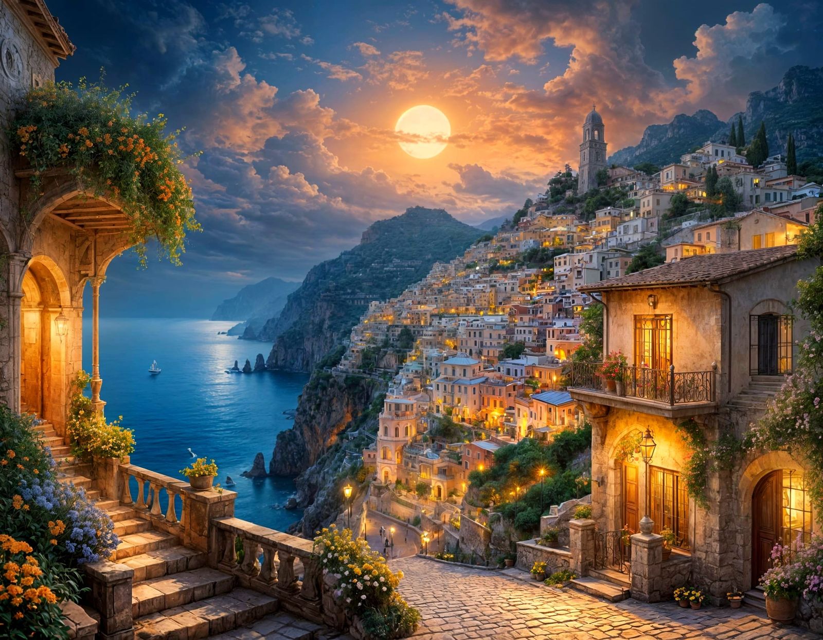 Misty Amalfi Coast Night Scene with Giant Moon