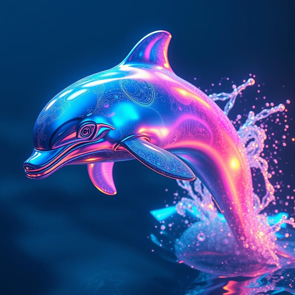 Iridescent Dolphin in a Vibrant Nighttime Holographic Scene