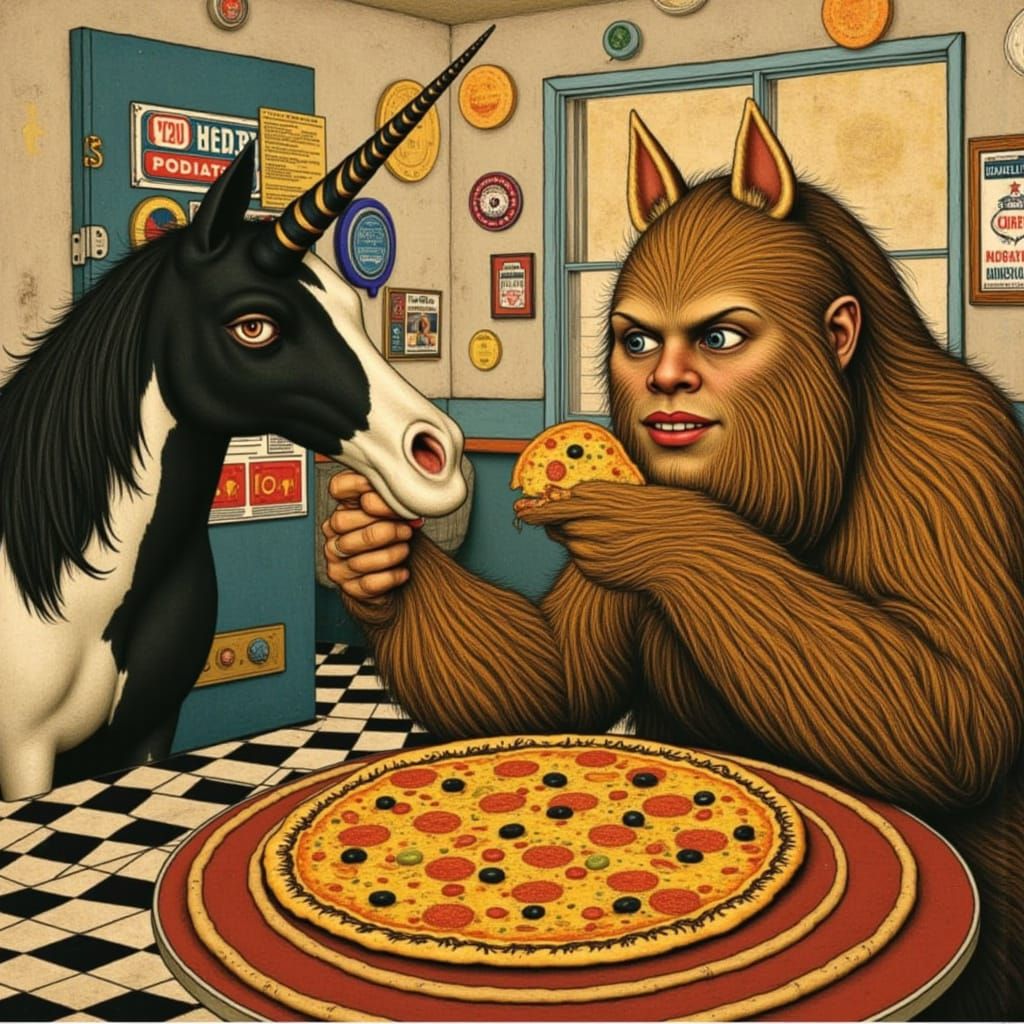 Unicorn and Sasquatch Share Pizza in Retro Diner