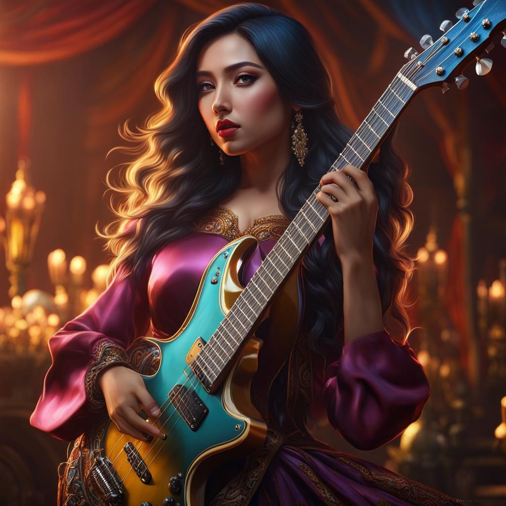 Beautiful Woman Playing Guitar on Cliff, Hyperrealistic Art