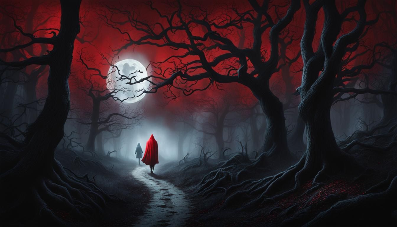 Eerie Humanoid Trees in Misty Woods with Red Riding Hood