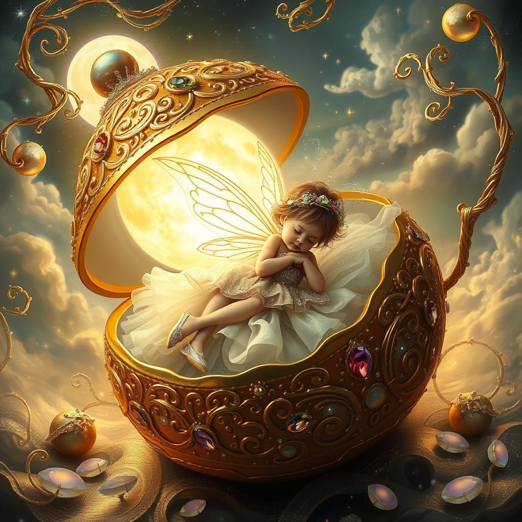 Fairy Slumbering in Gilded Faberge Egg