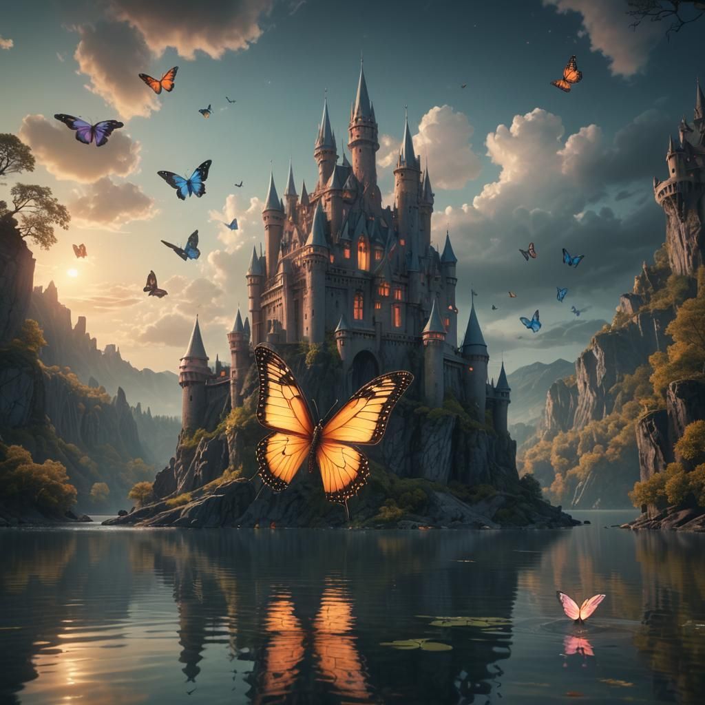Majestic Butterfly Towers Over Lakeside Castle