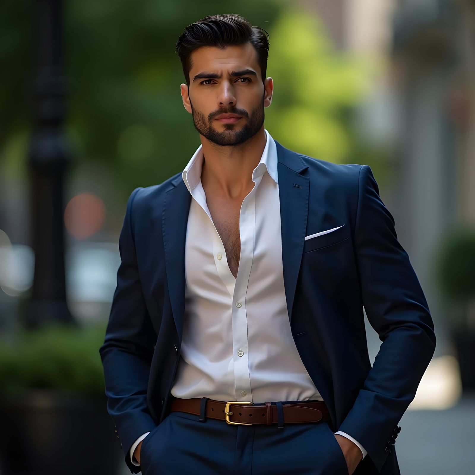 Confident Muscular Man in Navy Suit Outdoors