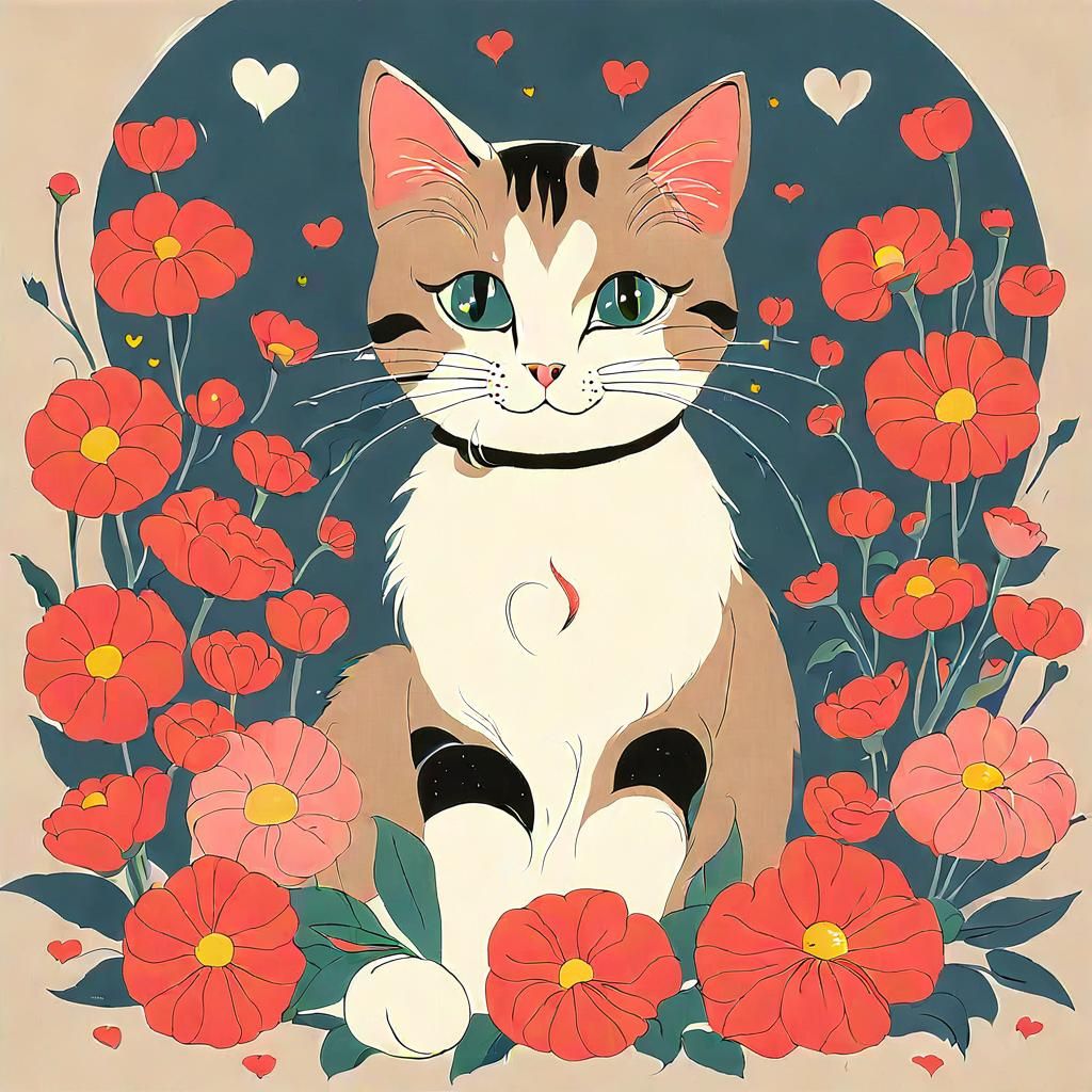 Cute Cat Surrounded by Flowers: Animation Art
